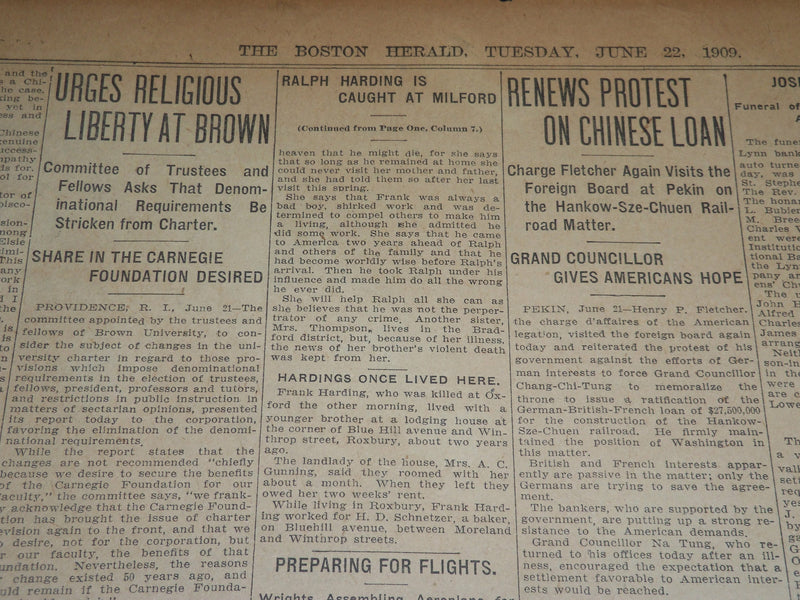 1909 JUNE 22 THE BOSTON HERALD - RALPH HARDING CAUGHT AT MILFORD - BH 371