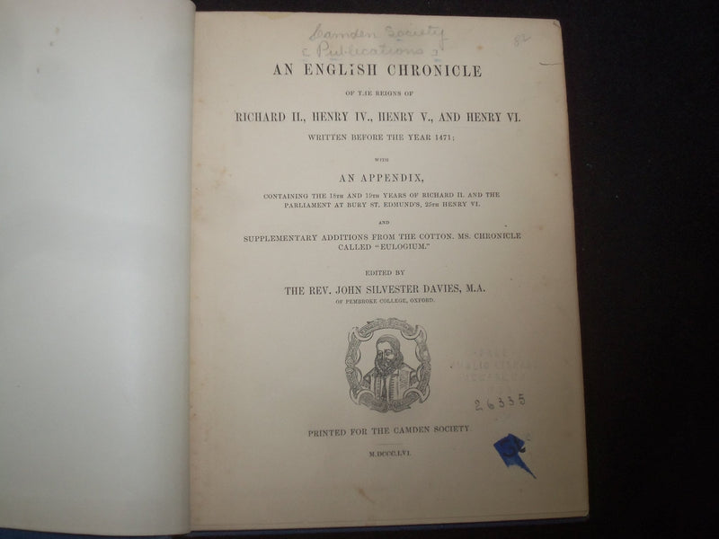 1856 AN ENGLISH CHRONICLE OF RICHARD II, HENRY IV, V, VI HARDCOVER BOOK- KD 9262