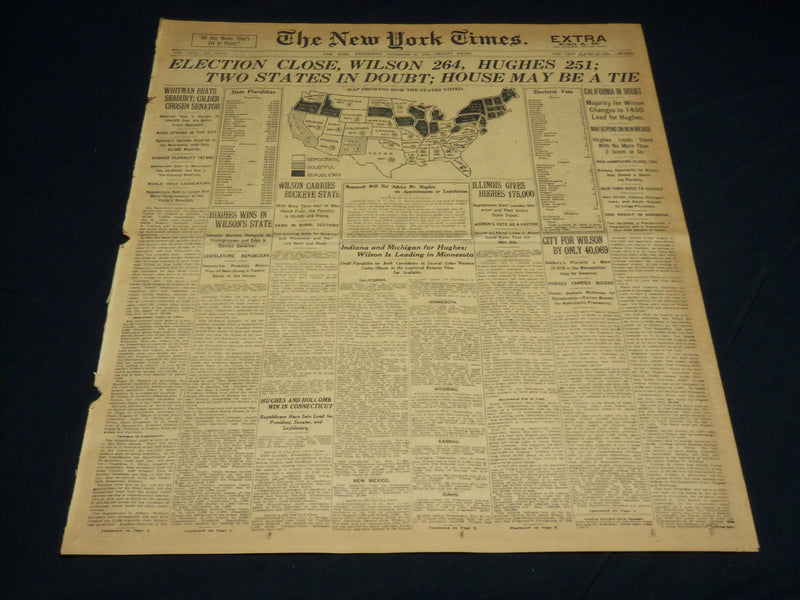 1916 NOVEMBER 8 NEW YORK TIMES - ELECTION CLOSE WILSON 264 HUGHES 251 - NT 7687