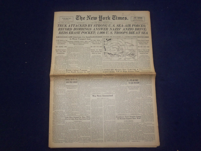 1944 FEB 18 NEW YORK TIMES - TRUK ATTACKED BY STRON U.S. SEA-AIR FORCES- NP 6556