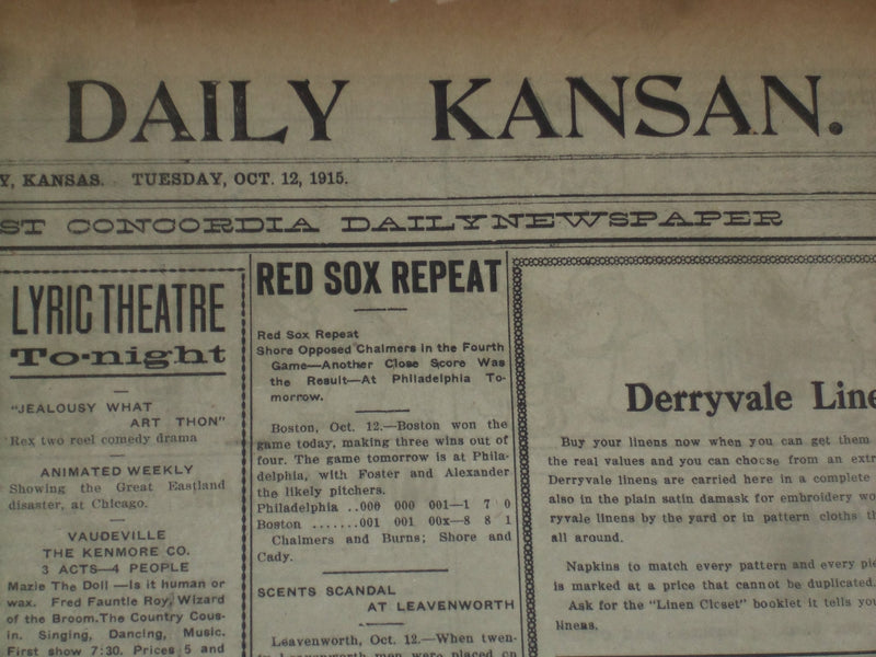 1915 OCTOBER 8-13 CONCORDIA DAILY KANSAN NEWSPAPER - WORLD SERIES - NP 3805