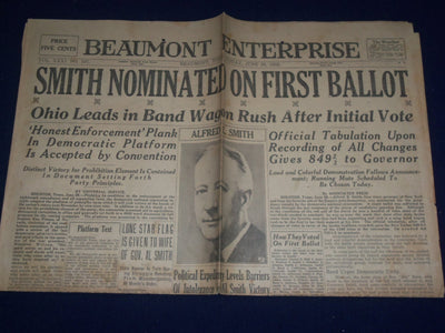 1928 JUNE 29 BEAUMONT ENTERPRISE NEWSPAPER - ALFRED E. SMITH 1ST BALLOT- NP 972F