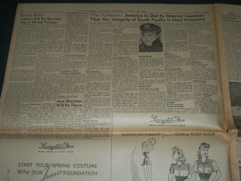 1941 MARCH 20 SAN FRANCISCO CHRONICLE - NAZI BOMBERS - SUPERMAN COMIC - NP 3623