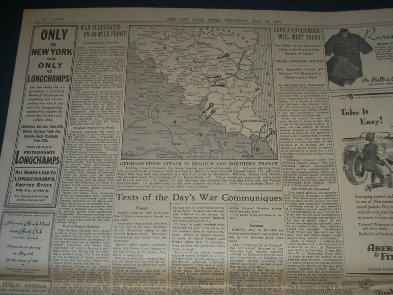 1940 MAY 16 NEW YORK TIMES - GREAT BATTLE FLUCTUATES ON 60 MILE FRONT - NP 3609