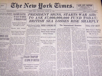1941 MARCH 12 NEW YORK TIMES - PRESIDENT SIGNS, STARTS WAR AID - NT 1137