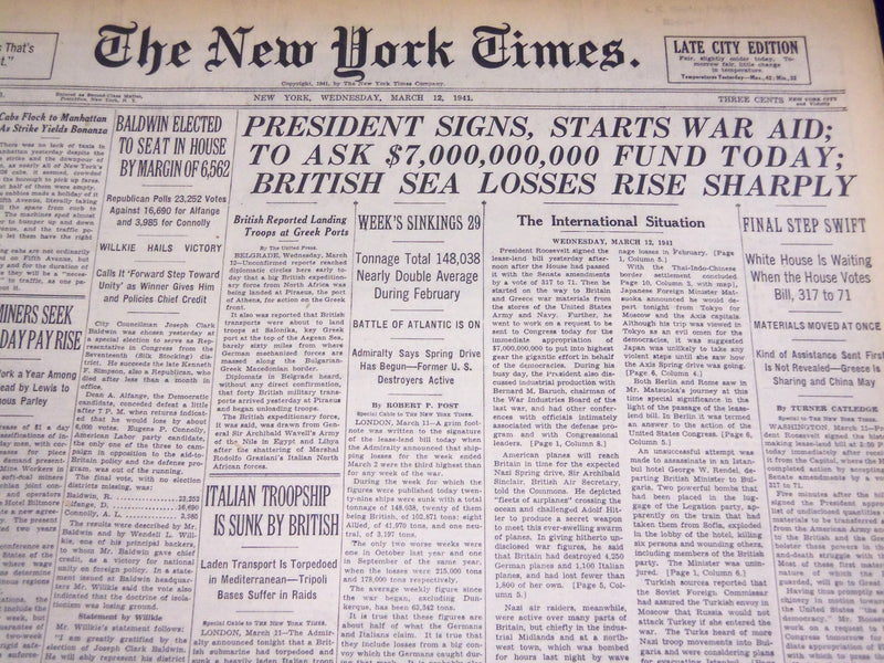1941 MARCH 12 NEW YORK TIMES - PRESIDENT SIGNS, STARTS WAR AID - NT 1137
