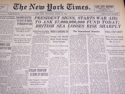 1941 MARCH 12 NEW YORK TIMES - PRESIDENT SIGNS, STARTS WAR AID - NT 1137