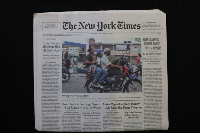 2024 NOVEMBER 18 NEW YORK TIMES - BIDEN ALLOWING UKRAINE TO USE TOP U.S. MISSLES