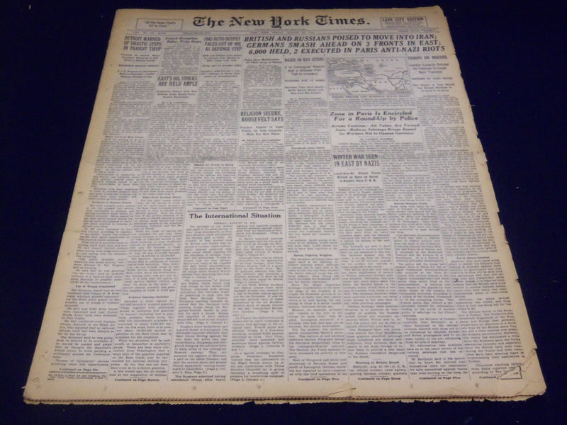 1941 AUG 22 NEW YORK TIMES - GERMANS SMASH AHEAD ON 3 FRONTS IN EAST - NT 1128