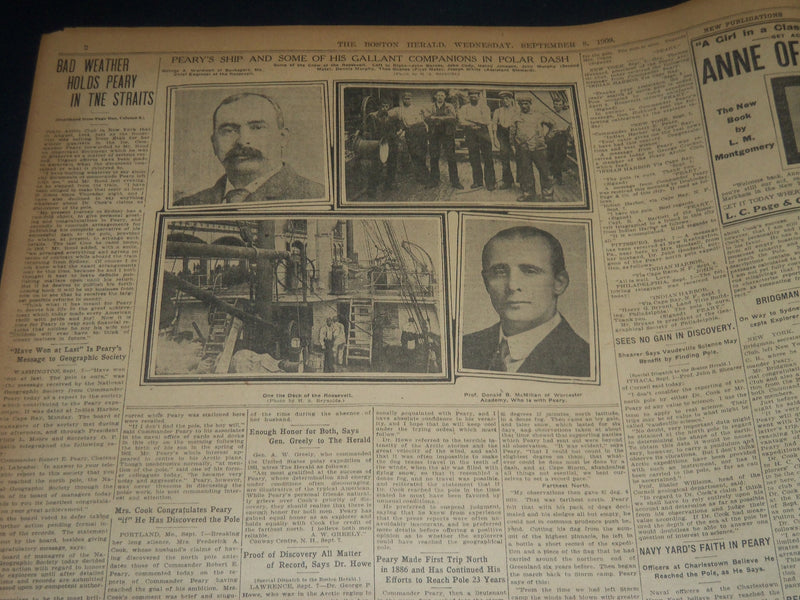 1909 SEPT 8 THE BOSTON HERALD - BAD WEATHER CHECKS PEARY IN THE STRAITS - BH 203
