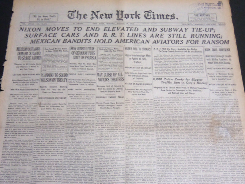 1919 AUGUST 18 NEW YORK TIMES - AMERICA AVIATORS HELD FOR RANSOM - NT 6961
