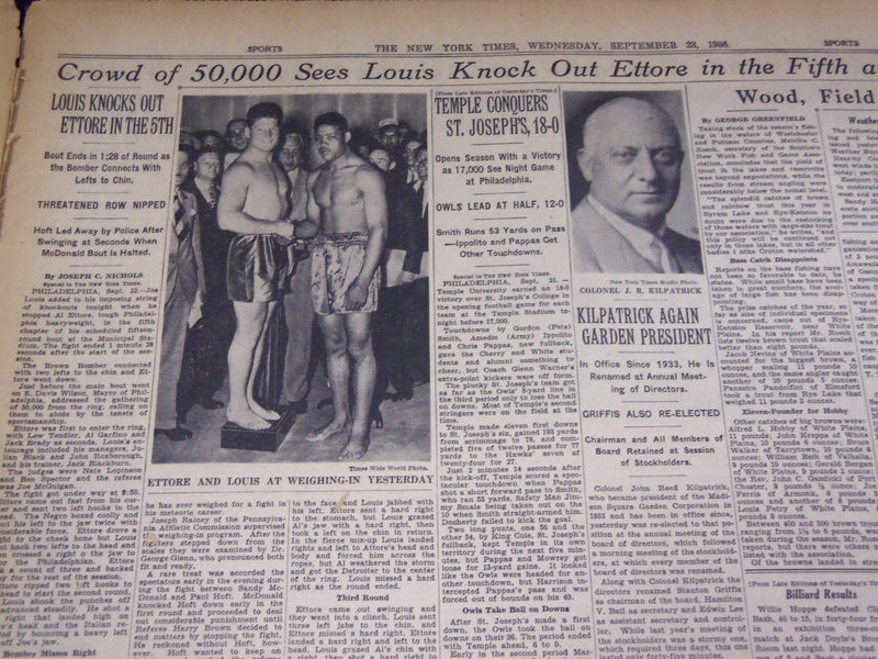 1936 SEPT 23 NEW YORK TIMES - 50,000 SEE LOUIS KNOCK OUT ETTORE - NT 2062