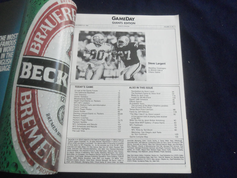 1986 DEC 20 GAMEDAY MAGAZINE - NEW YORK GIANTS VS. GREEN BAY PACKERS - SP 4686B
