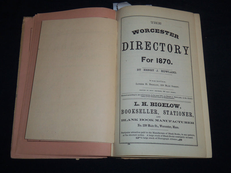1870 WORCESTER DIRECTORY BY HENRY J. HOWLAND - MAP - KD 81T