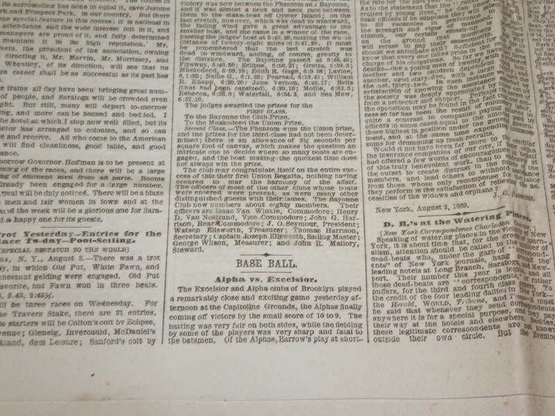 1869 AUGUST 4 THE NEW YORK WORLD NEWSPAPER - BASEBALL COVERAGE - NP 5233