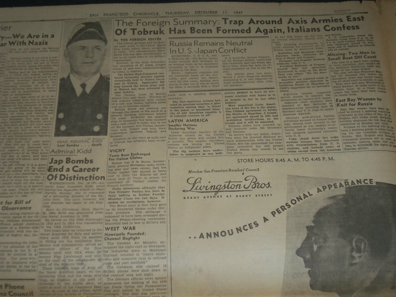 1941 DEC 11 SAN FRANCISCO CHRONICLE BOMBERS FIRE BATTLESHIP - SUPERMAN - NP 3651