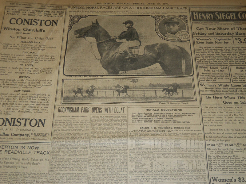1906 JUNE 29 THE BOSTON HERALD -HARVARD EIGHT BEATS YALE IN CLOSEST RACE- BH 287