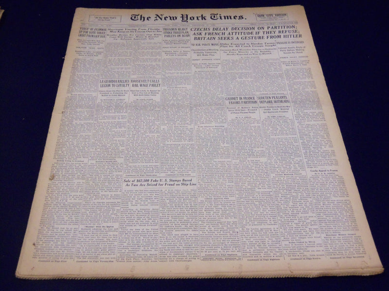 1938 SEPT 20 NEW YORK TIMES - CZECHS DELAY DECISION ON PARTITION, HITLER- NT 612