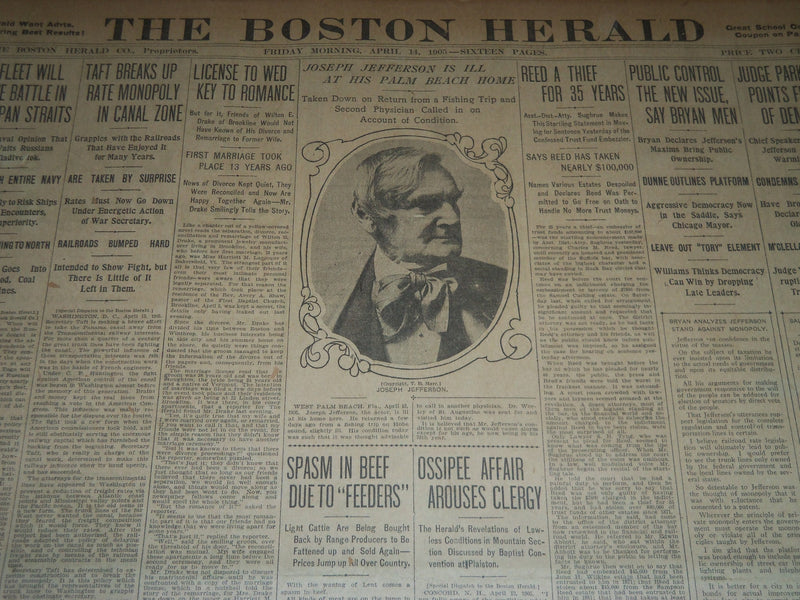 1905 APRIL 14 THE BOSTON HERALD - JOSEPH JEFFERSON IS ILL AT PALM BEACH - BH 164