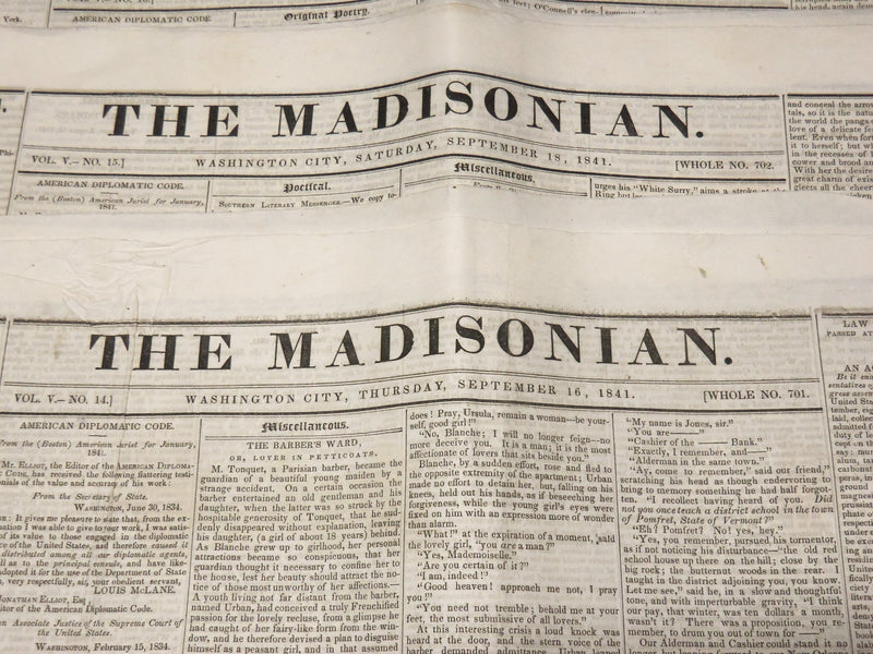 1841 THE MADISONIAN NEWSPAPERS LOT OF 5 - WASHINGTON CITY - NP 3877L
