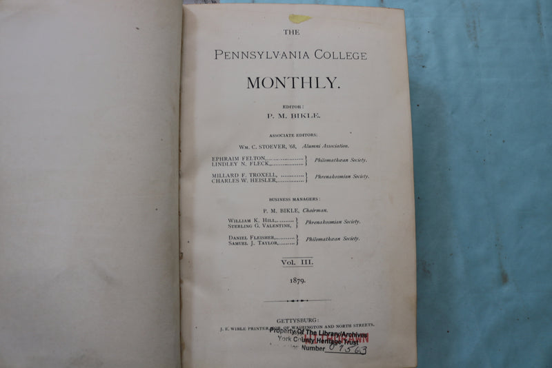 1877-1890 PENNSYLVANIA COLLEGE MONTHLY BOUND VOLUMES - LOT OF 7 - KD 9561