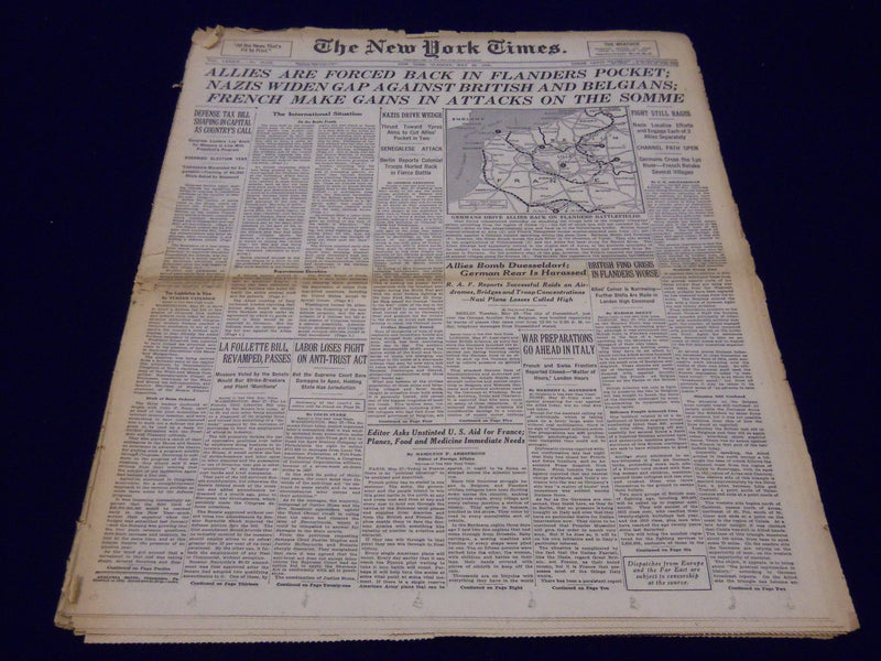 1940 MAY 28 NEW YORK TIMES - ALLIES ARE FORCED BACK IN FLANDERS POCKET - NT 201