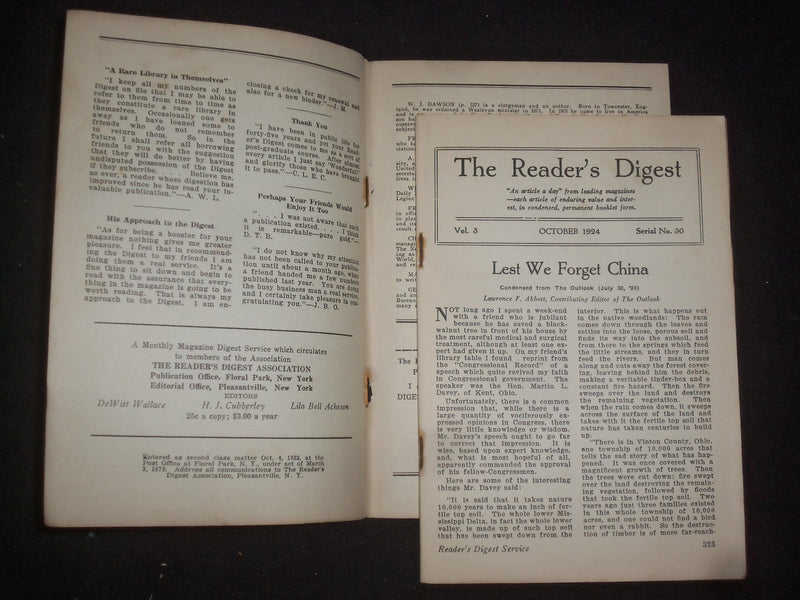 1924 OCTOBER THE READER'S DIGEST SOFTCOVER BOOK - NUMBER 30 - J 9909