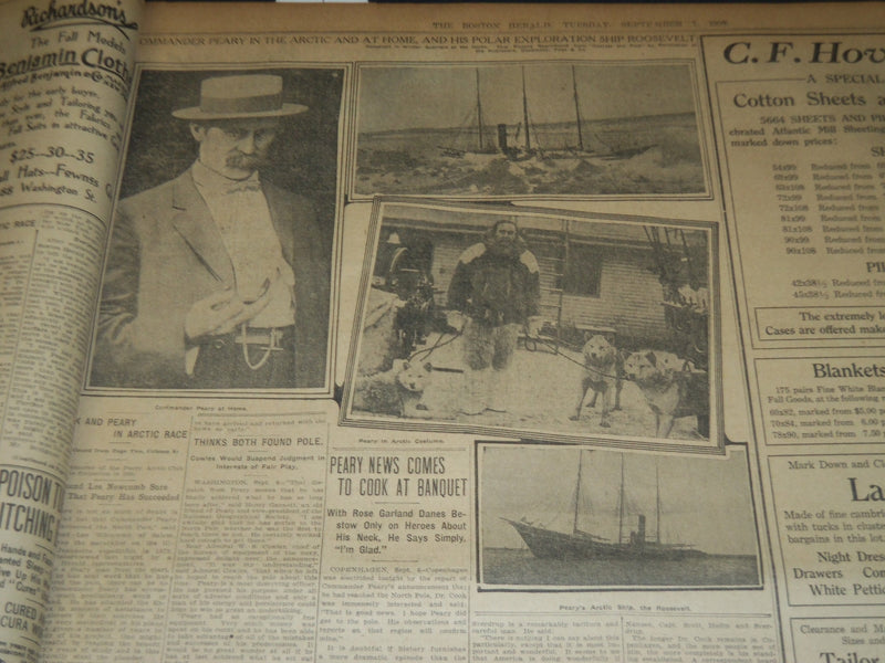 1909 SEPTEMBER 7 THE BOSTON HERALD - PEARY WIRES WORD HE HAS FOUND POLE - BH 204