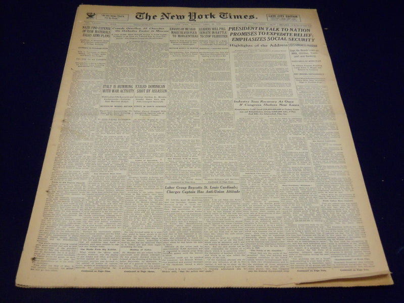1935 APRIL 29 NEW YORK TIMES - PRESIDENT TALK TO NATION PROMISES RELIEF- NT 1862