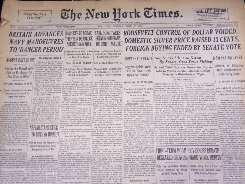 1939 JUNE 27 NEW YORK TIMES - EARL LONG TAKES HELM IN LOUISIANA - SMITH - NT 485