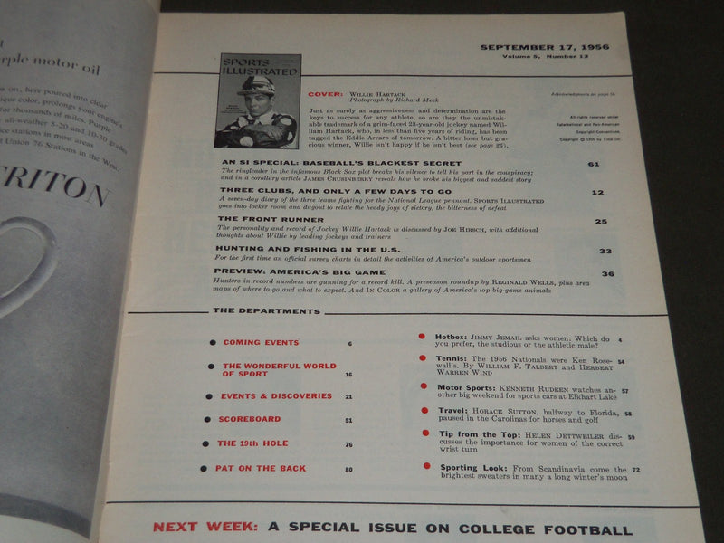 1956 SEPTEMBER 17 SPORTS ILLUSTRATED MAGAZINE - WILLIE HARTACK COVER - ST 4800