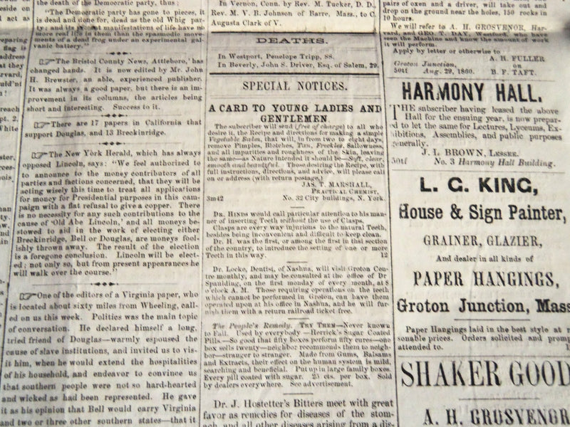 1860 AUGUST 30 RAILROAD MERCURY - LINCOLN - GROTON JUNCTION MASS - NP 614I