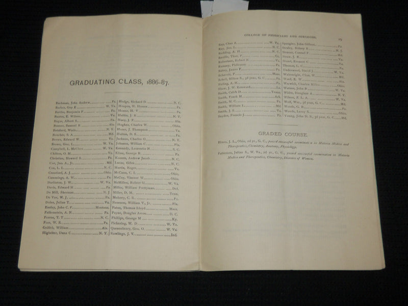 1887-1888 COLLEGE OF PHYSICIANS AND SURGEONS CATALOGUE - J 6869
