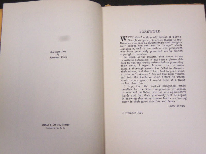 1931 TONY'S SCRAP BOOK BY ANTHONY WONS HARDCOVER BOOK - KD 80H
