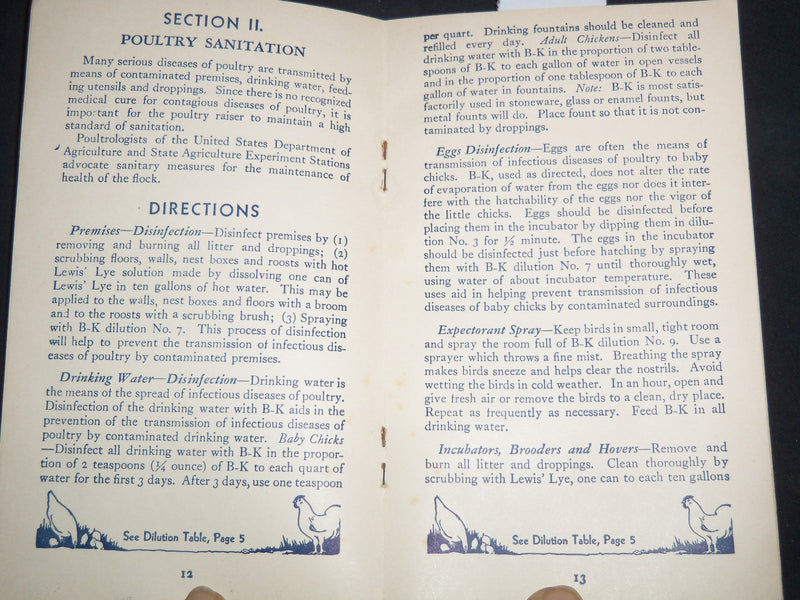 1920'S B-K BACILI-KIL DISINFECTANT SANITATION DIRECTIONS GUIDE - J 9168