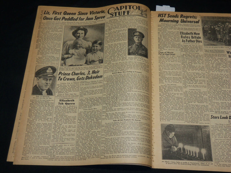 1952 FEBRUARY 7 NEW YORK DAILY NEWS - ELIZABETH FLIES HOME AS QUEEN - NP 5390