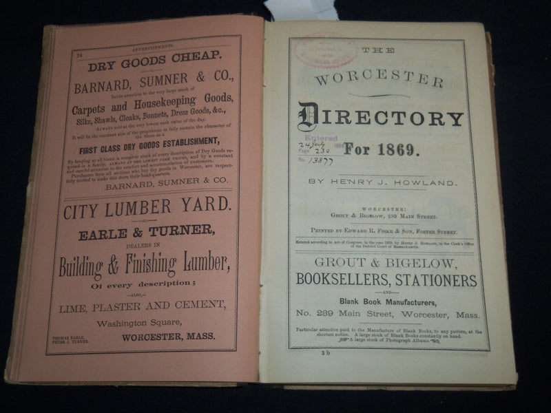 1869 WORCESTER DIRECTORY BY HENRY J. HOWLAND - MAP - KD 81U