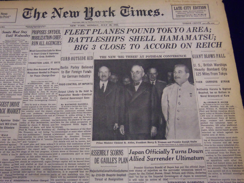 1945 JULY 30 NEW YORK TIMES - FLEET PLANES POUND TOKYO AREA - NT 389