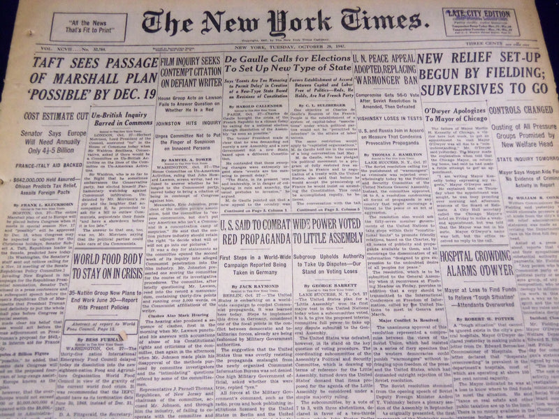 1947 OCTOBER 28 NEW YORK TIMES - SCREEN WRITER LAWSON TO BE CITED - NT 3269