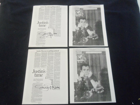 JUSTIN THEROUX 8x10 AUTOGRAPHED PHOTOGRAPH & NEWSPAPER ARTICLE- LOT OF 4