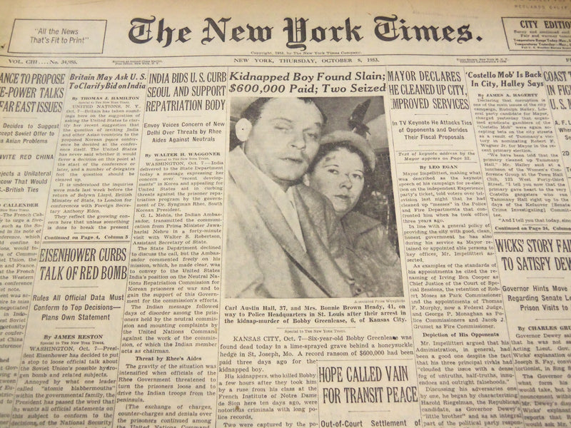 1953 OCTOBER 8 NEW YORK TIMES - KIDNAPPED BOY FOUND SLAIN - NT 4699