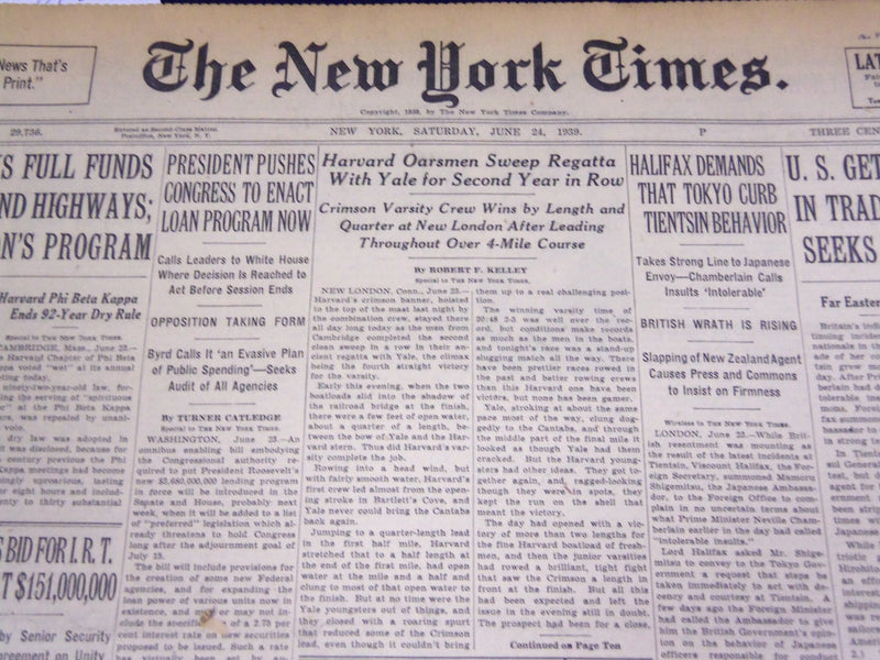 1939 JUNE 24 NEW YORK TIMES - HARVARD OARSMEN SWEEP REGATTA WITH YALE - NT 483