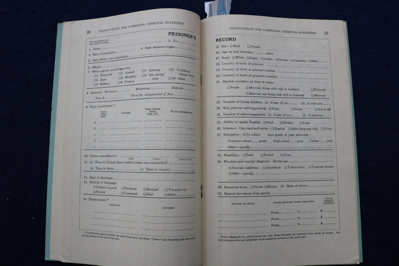 1927 INSTRUCTIONS FOR COMPILING CRIMINAL STATISTICS SOFTCOVER BOOK - K 915