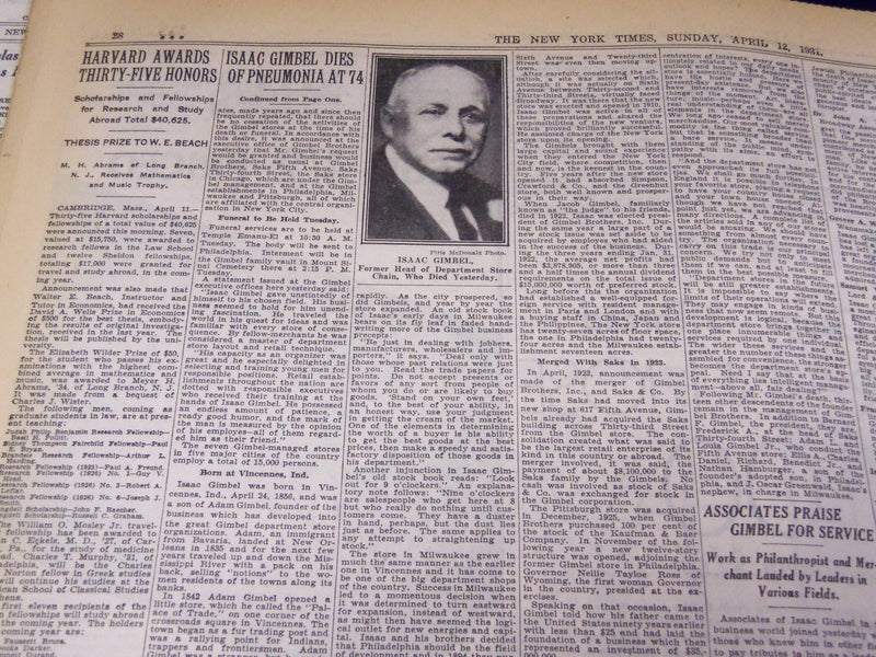 1931 APRIL 12 NEW YORK TIMES - ISAAC GIMBEL DIES OF PNEUMONIA AT 74 - NT 2447