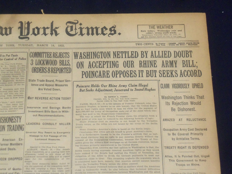 1922 MARCH 14 NEW YORK TIMES - WASHINGTON NETTLE BY ALLIES ON RHINE - NT 8315