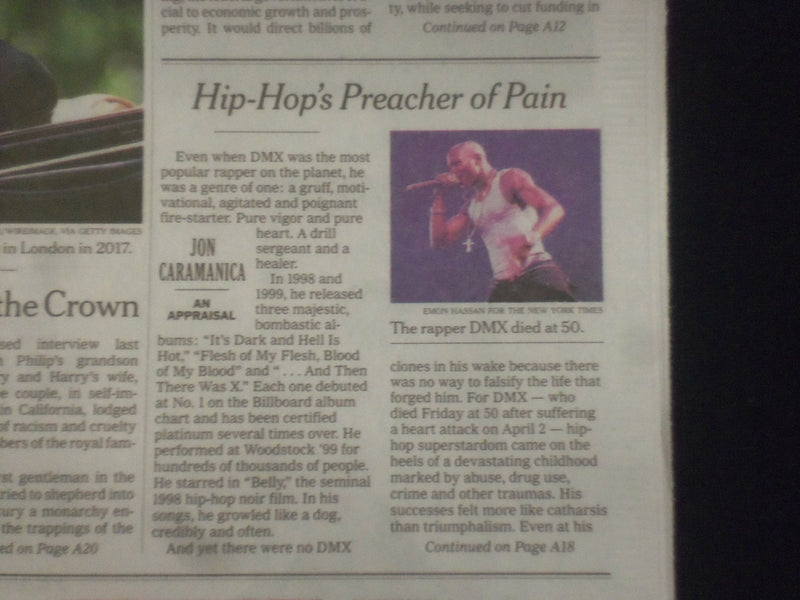 2021 APRIL 10 NEW YORK TIMES - PRINCE PHILIP AT AGE 99 AND DMX AT AGE 50, DIED