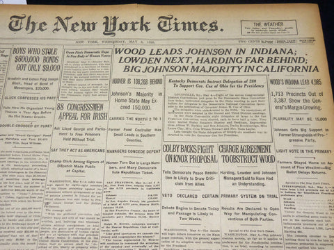 1920 MAY 5 NEW YORK TIMES NEWSPAPER - WOOD LEADS JOHNSON IN INDIANA - NT 8668