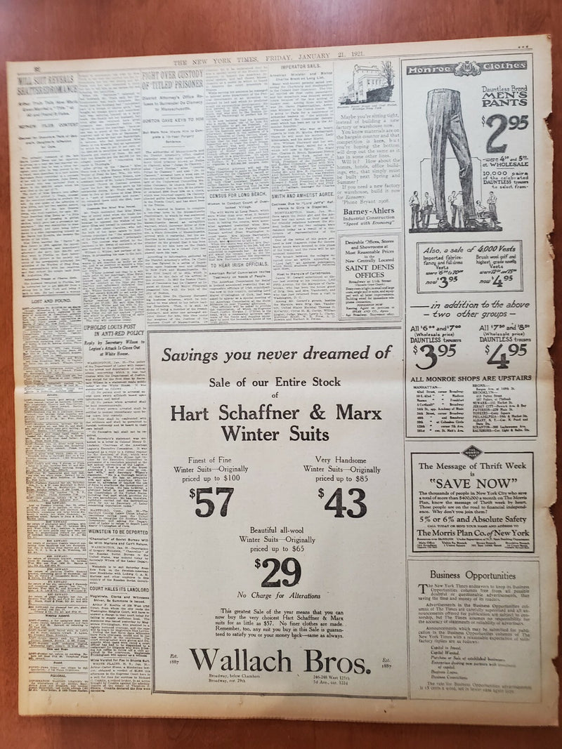 1921 JANUARY 21 NEW YORK TIMES NEWSPAPER- DRY ENFORCEMENT UP TO POLICE - NT 8106