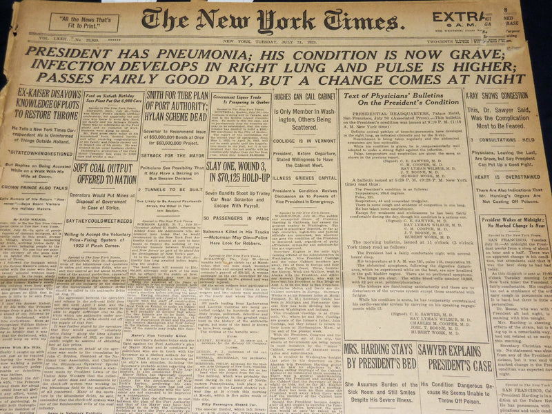 1923 JULY 31 NEW YORK TIMES - PRESIDENT HAS PNEUMONIA - CONDITION GRAVE- NT 7750