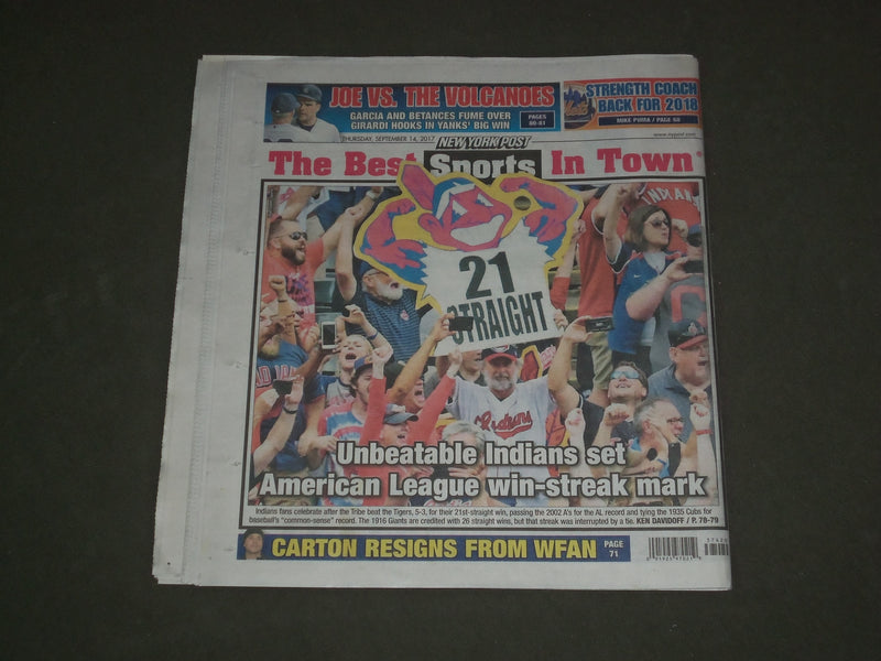 2017 SEPTEMBER 14 NEW YORK POST NEWSPAPER - CLEVELAND INDIANS WIN 21 IN A ROW